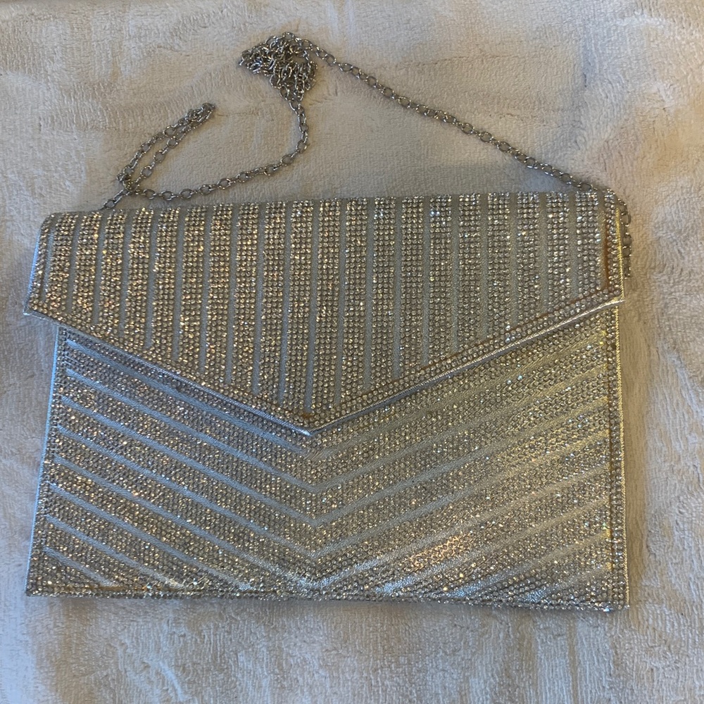Silver Beaded Clutch with Chain Strap